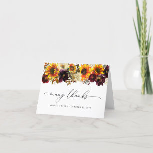 Cartão De Agradecimento Casamento Rustic Sunflower Floral Autumn Burgundy