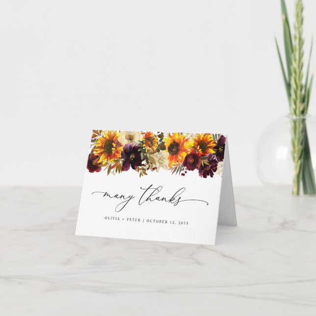 Cartão De Agradecimento Casamento Rustic Sunflower Floral Autumn Burgundy (Frente)