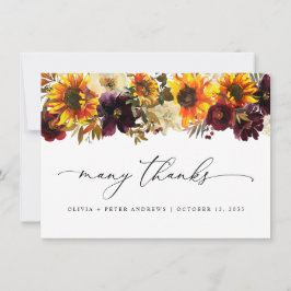 Cartão De Agradecimento Casamento Rustic Sunflower Floral Autumn Burgundy