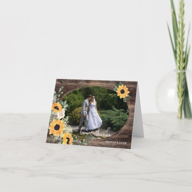 Cartão De Agradecimento Casamento Rustic Sunflower Photo (Frente)