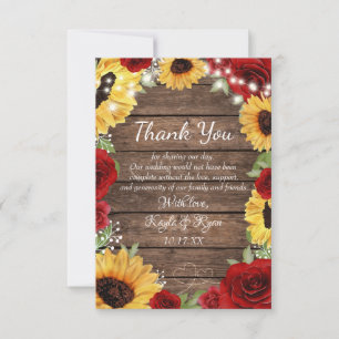 Cartão De Agradecimento Casamento Rustic Sunflower Rosa Wood Background