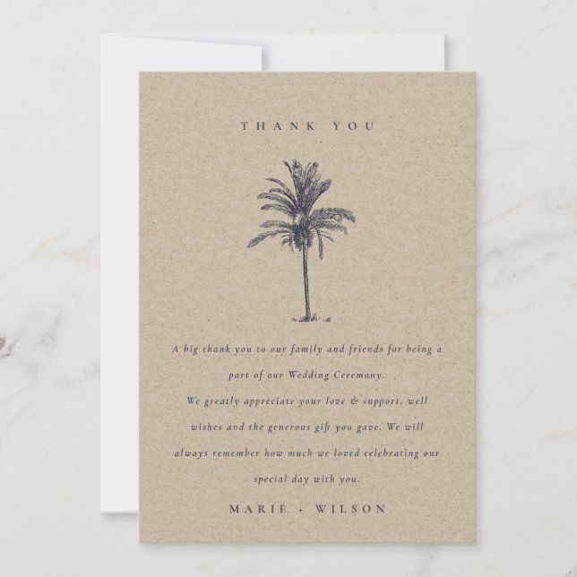 Cartão De Agradecimento Casamento Rustic Tropical Palm Tree Kraft Marinho (Frente)