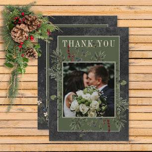 Cartão De Agradecimento Casamento Rustic Winter Berries & Pine Black