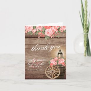 Cartão De Agradecimento Casamento Rustic Wood Barrel e Coral