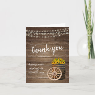 Cartão De Agradecimento Casamento Rustic Wood Barrel e Sunflower