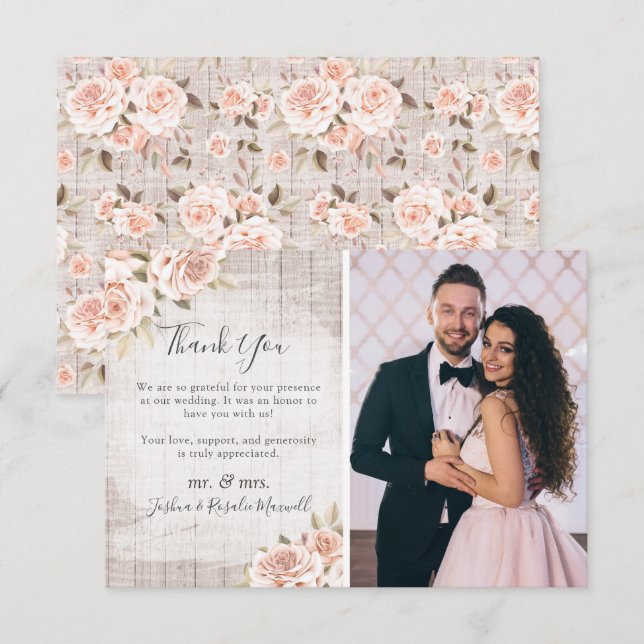 Cartão De Agradecimento Casamento Rustic Wood & Rosas Shabby Obrigado Foto (Frente/Verso)