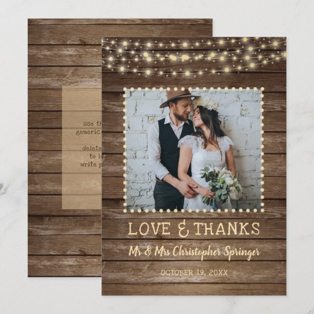 Cartão De Agradecimento Casamento Rustic Wood String Lights Obrigado (Frente/Verso)