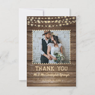 Cartão De Agradecimento Casamento Rustic Wood String Lights Obrigado