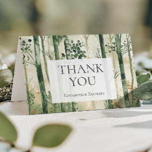 Cartão De Agradecimento Casamento Rústico Aquarela Verde Dourado Floresta