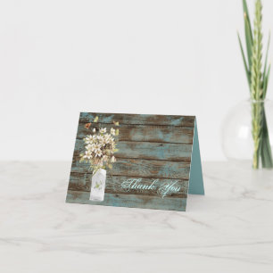 Cartão De Agradecimento casamento rústico azul celeiro madeira flor silves