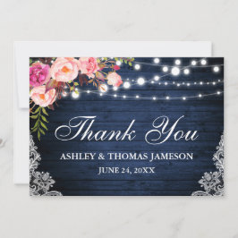 Cartão De Agradecimento Casamento Rústico Azul Madeira Rosa Floral Luzes R
