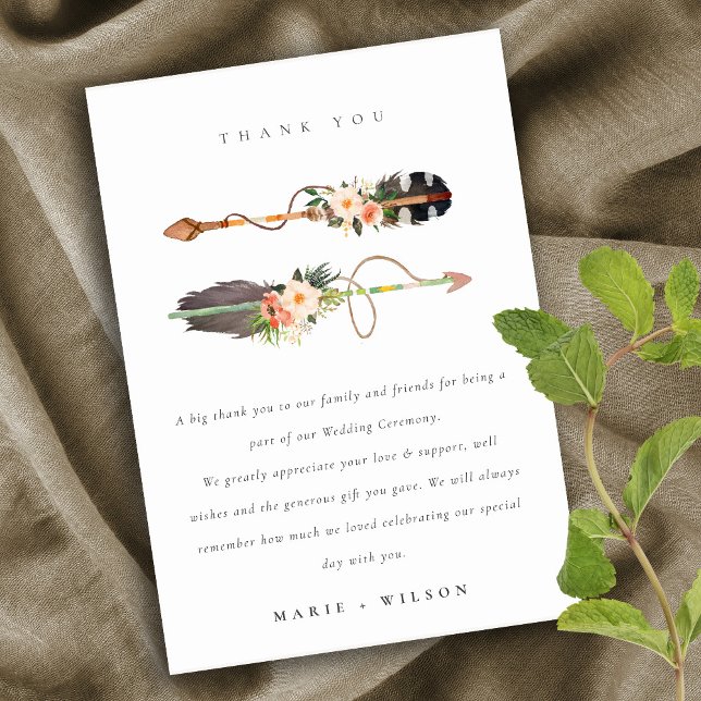 Cartão De Agradecimento Casamento Rústico Boho Elegante Pena Floral Seta (Criador carregado)