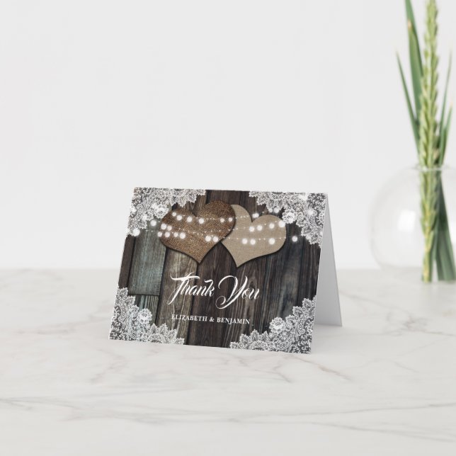 Cartão De Agradecimento Casamento Rústico de Corações de Mão-de-Madeira (Frente)