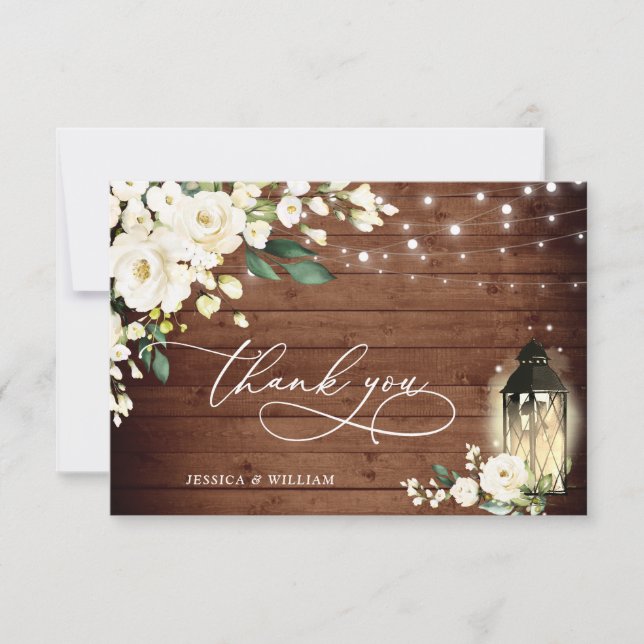 Cartão De Agradecimento Casamento Rústico de Lanterna de Madeira Rosas Bra (Frente)