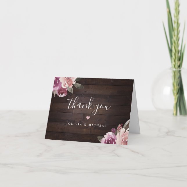 Cartão De Agradecimento Casamento rústico de madeira em floral roxo mauve  (Frente)