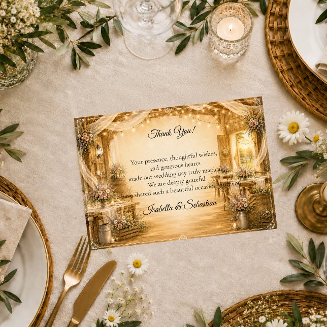Cartão De Agradecimento Casamento Rústico em Celeiro Interno (Criador carregado)
