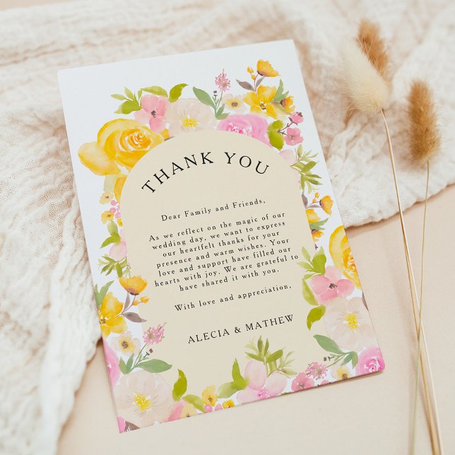 Cartão De Agradecimento Casamento rústico floral cor-de-rosa-boho (Boho yellow pink floral rustic Wedding Thank You Card)