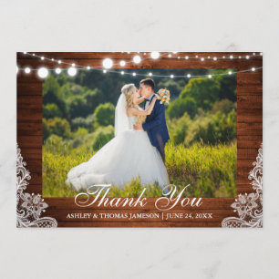 Cartão De Agradecimento Casamento Rústico Luzes de Madeira Lace Foto Obrig