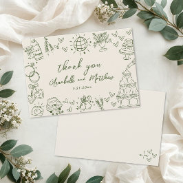 Cartão De Agradecimento Casamento Rústico Verde Desenhado à Mão Vintage