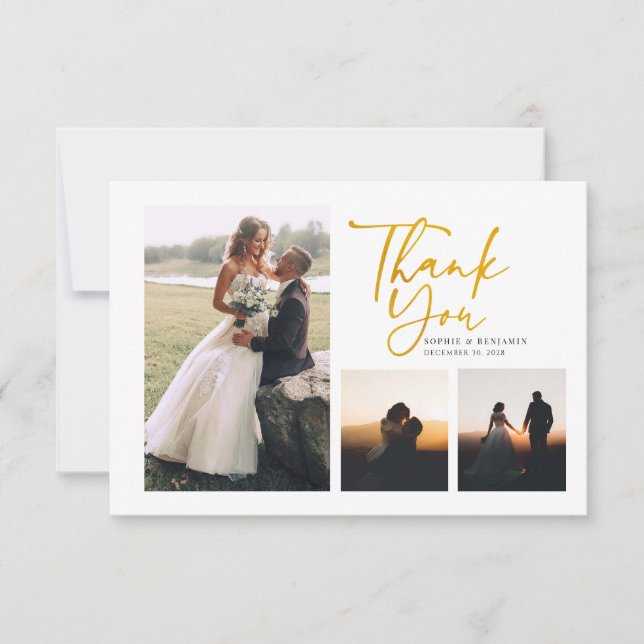 Cartão De Agradecimento Casamento Simples com Letra à Mão em Ouro (Frente)