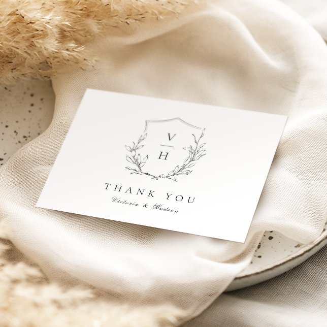 Cartão De Agradecimento Casamento simples da crista botânica monograma (Simple elegance botanical crest monogram wedding thank you card)