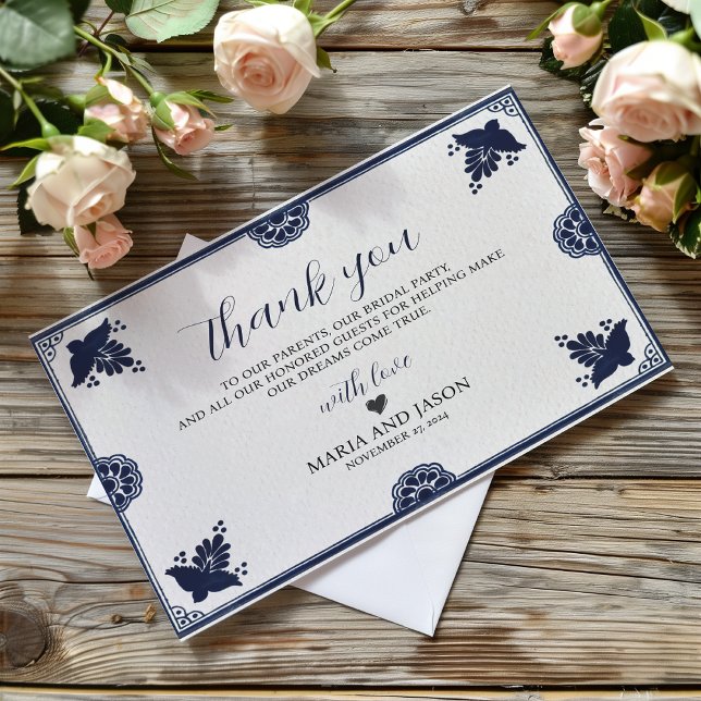 Cartão De Agradecimento Casamento Simples da Festa Otomi Floral Azul Mexic (Mexican Blue Floral Otomi Simple Fiesta Wedding Thank You Card)