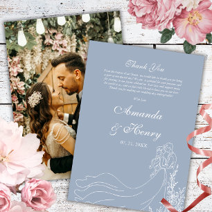 Cartão De Agradecimento Casamento Simples de Casal Desenhado à Mão em Azul