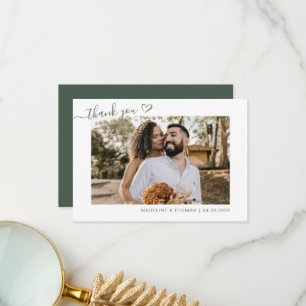 Cartão De Agradecimento Casamento Simples de Foto do Coração de Boho Verde