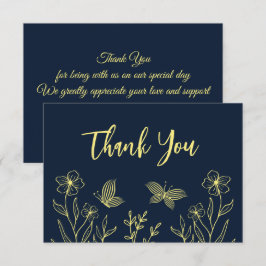 Cartão De Agradecimento Casamento simples de marinho de flores douradas