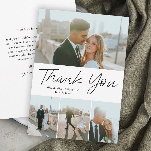 Cartão De Agradecimento Casamento Simples de Roteiro Moderno 4 Foto (Modern Script Wedding 4 Photo Thank You Cards.)
