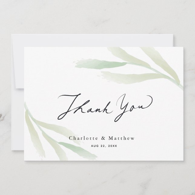 Cartão De Agradecimento Casamento Simples Greenery Caligraphy (Frente)