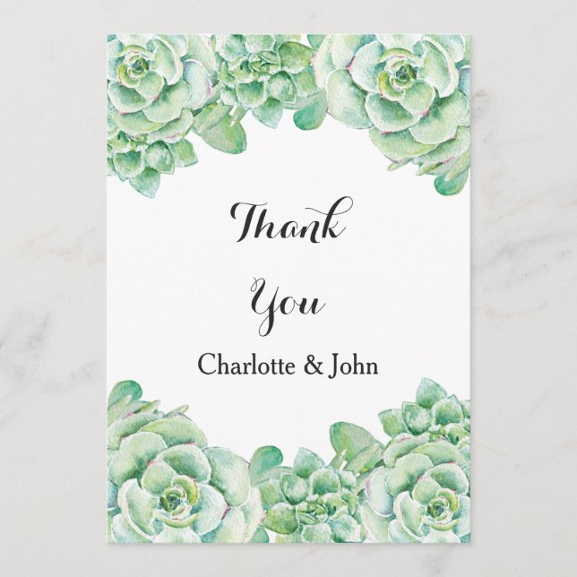 Cartão De Agradecimento casamento suculento com aquarela Obrigado (Frente)