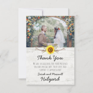 Cartão De Agradecimento Casamento Sunflower & Rustic Wood Farm Obrigado