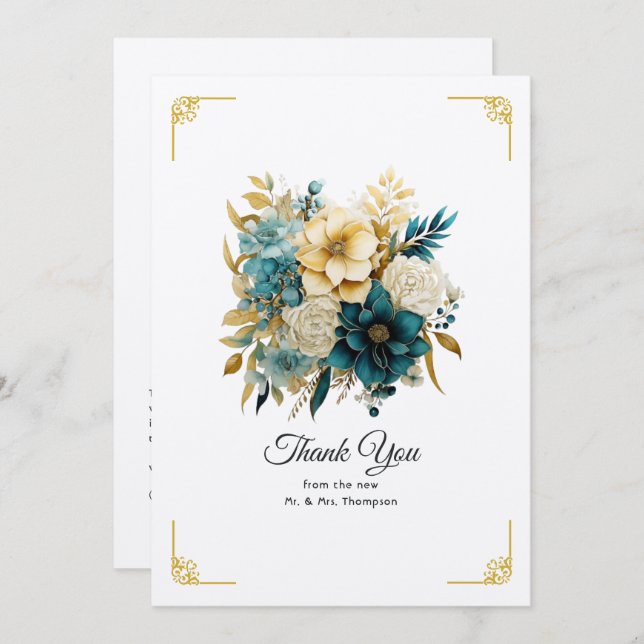 Cartão De Agradecimento Casamento Teal e Dourado Floral (Frente/Verso)