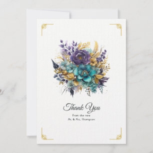 Cartão De Agradecimento Casamento Teal, Roxo e Dourado Floral
