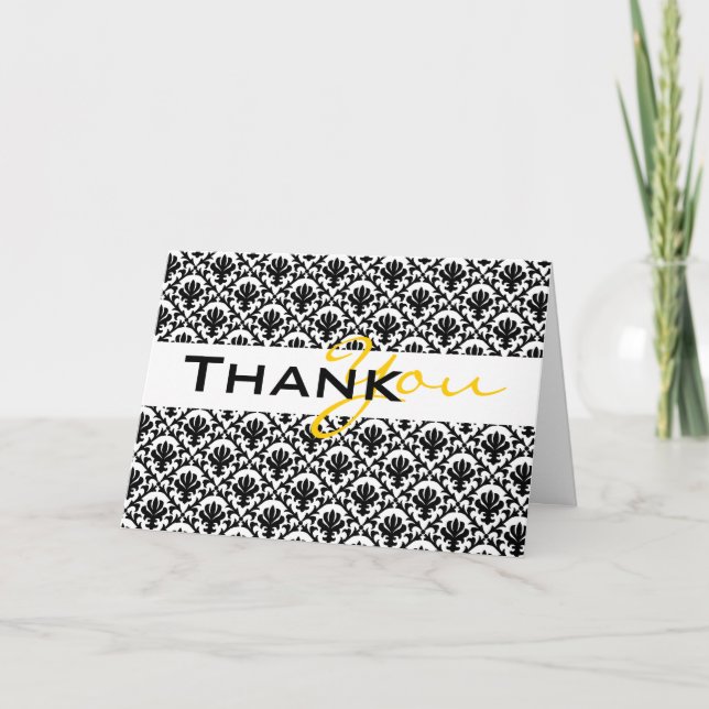 Cartão De Agradecimento casamento tema damasco amarelo-obrigado preto (Frente)
