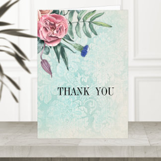 Cartão De Agradecimento Casamento tema damasco de Vintagem Verde de Rosas 