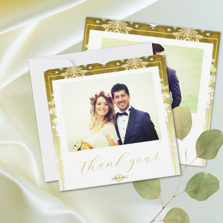 Cartão De Agradecimento Casamento tema damasco Verde Dourado Retroativo