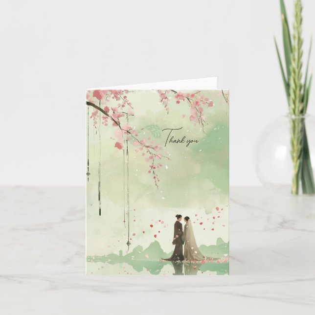 Cartão De Agradecimento Casamento Tema Verde Noiva & Noivo (Frente)