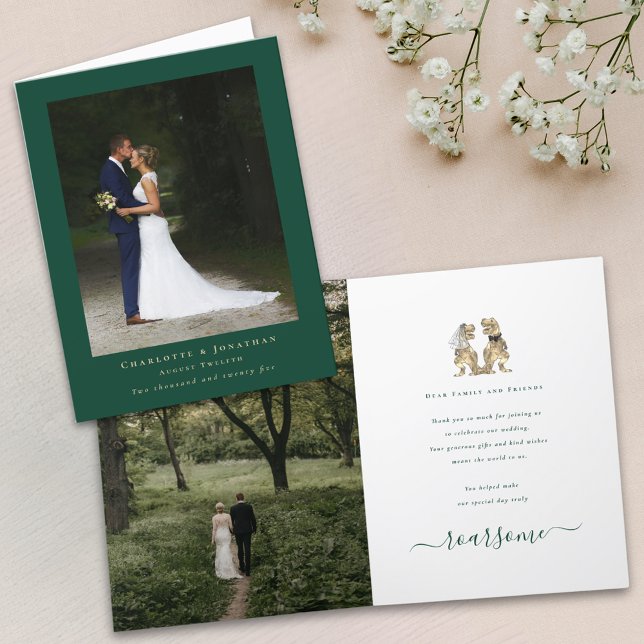 Cartão De Agradecimento Casamento Temático de Dinossauro Foto Agradeciment (Dinosaur theme wedding 2 photo personalized thank you card dark green Modern elegant script message)