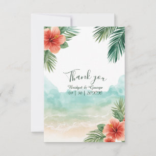 Cartão De Agradecimento Casamento Tropical Costeiro de Hibisco na Praia do