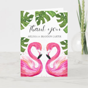 Cartão De Agradecimento Casamento Tropical de Praia Rosa Flamingo Obrigado