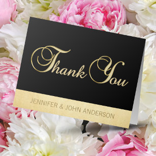 Cartão De Agradecimento Casamento Único de Folha de Ouro Negra Elegante Ob