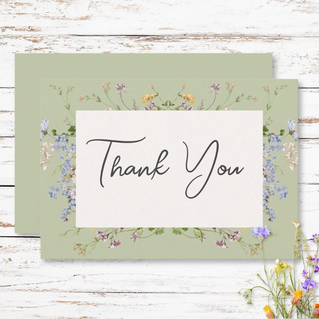 Cartão De Agradecimento Casamento Verde de Delicate Boho Wildflower (Delicate Boho Wildflowers Green Wedding Thank You Card)
