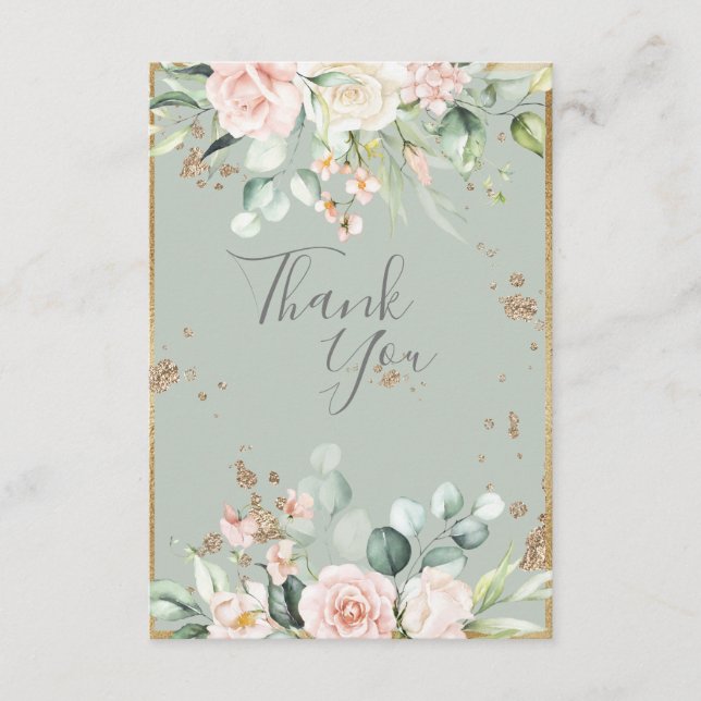 Cartão De Agradecimento Casamento Verde de Dourada Aquarela Floral Sage (Frente)