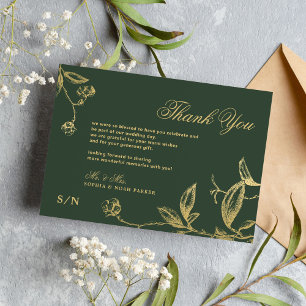 Cartão De Agradecimento Casamento verde floral com caligrafia de ouro eleg