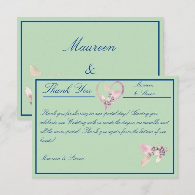 Cartão De Agradecimento Casamento Verde Floral e Azul (Frente/Verso)