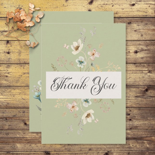 Cartão De Agradecimento Casamento Verde Rustic Wildflower Frame Sage (Criador carregado)