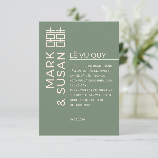 Cartão De Agradecimento Casamento Vietnamita Bilingue Mínimo Verde (Em pé/Frente)