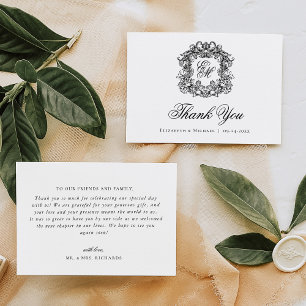 Cartão De Agradecimento Casamento vintage de repouso monográfico Elegante